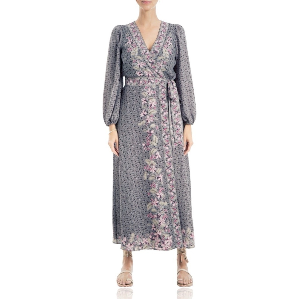 NWT Max Studio ‘Long Sleeve Maxi Wrap Dress’ in Black & Pink Size Small